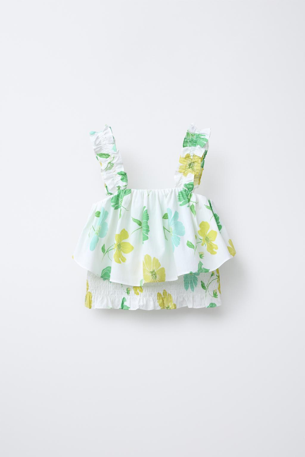 ZARA ТОП ИЗ ТКАНИ С ЦВЕТОЧНЫМ ПРИНТОМ И ВОЛАНАМИ, ЭКРЮ/ЗЕЛЕНЫЙ