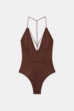 ZARA ОДНОТОННЫЙ КУПАЛЬНИК С ЛЮВЕРСАМИ, КОРИЧНЕВЫЙ