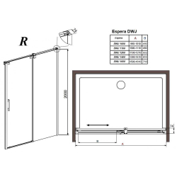 Душевая дверь  Radaway Espera DWJ R  100x195 см. правая, профиль хром, стекло прозрачное 380110-01R схема