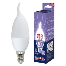LED-CW37-9W-6500K-E14-FR-NR Лампа светодиодная. Форма свеча на ветру. матовая. Серия Norma. Дневной белый свет 6500K. Картон. ТМ Volpe