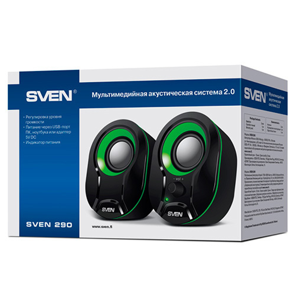Колонки SVEN 290, черный-зеленый (5 Вт, питание USB)