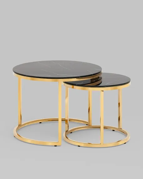 Набор из 2 журнальных столиков Selene Ø60 и Ø45 см, стекло под черный мрамор, золото
