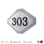 Номерок на дверь квартиры 303, для кабинета, офиса, шильдик 9 х 7 см, брашированная сталь, Айдентика Технолоджи