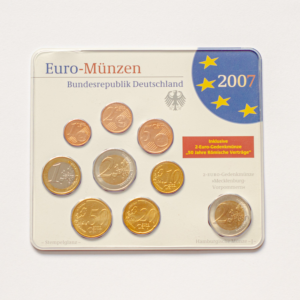 Germany 2007 Year Set (A, D, F, G, J) + 5 x 2 Euro: "Schwerin Castle (Mecklenburg-Vorpommern)" and "50th anniversary of the Treaty of Rome"