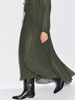 Massimo Dutti Длинное платье из струящейся ткани с воланом, темно-зеленый