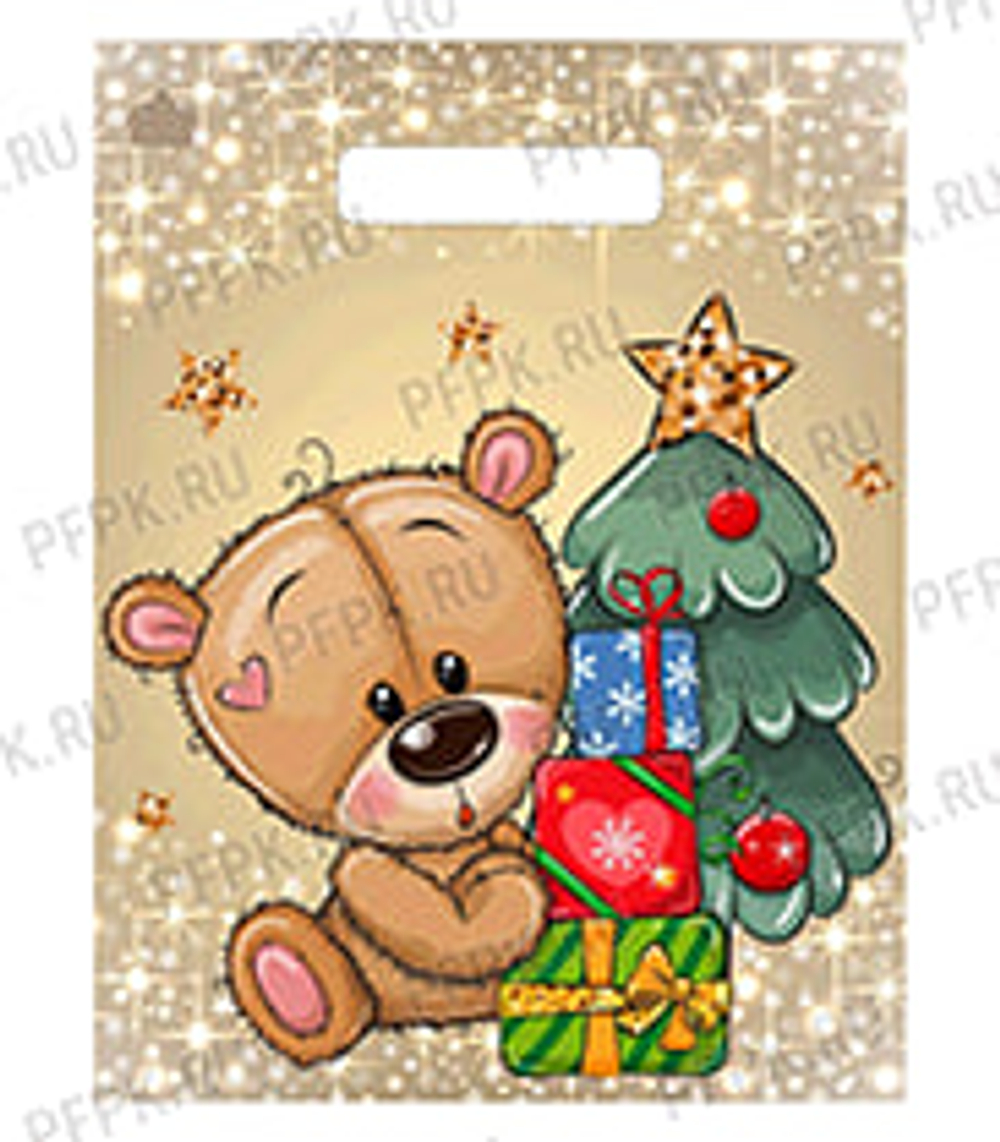 Пакет полиэтиленовый с вырубной ручкой С НОВЫМ ГОДОМ МИШКИНЫ ПОДАРКИ 23*30 см 30 мкм подарочный НОВОГОДНИЙ