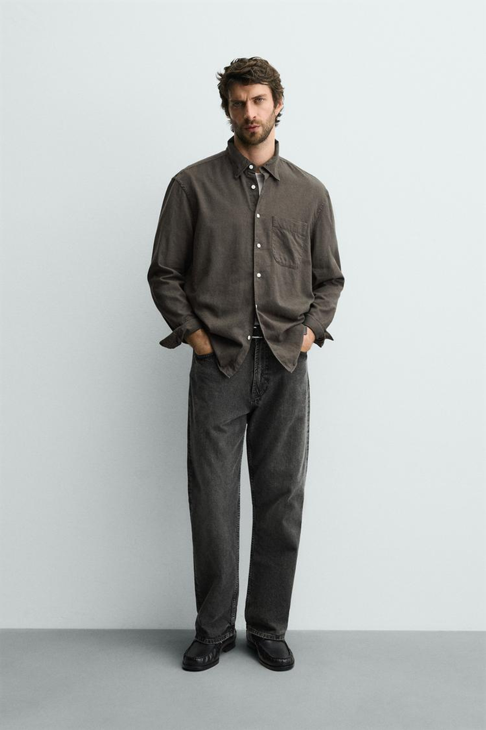 ZARA РУБАШКА С ФЛАНЕЛЕВОЙ ОТДЕЛКОЙ, СЕРОВАТО-КОРИЧНЕВЫЙ