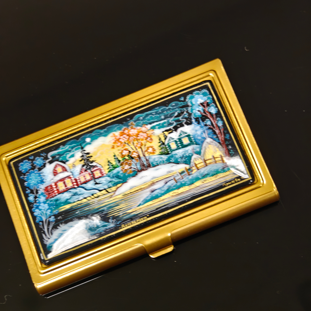 Визитница металлическая персональная "Деревенька. Зима" №2 (ручная роспись Палех)
