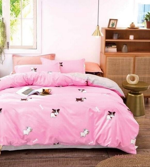 2-спальное постельное белье из сатина Розовое с щенками