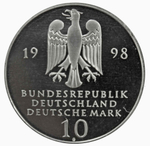 10 марок. 300 лет Франкскому благотворительному фонду (G). Серебро. 1998 г. PROOF. В родной запайке