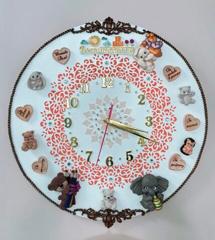 Авторские детские настенные часы с игрушками "Воспитателю" 40см
