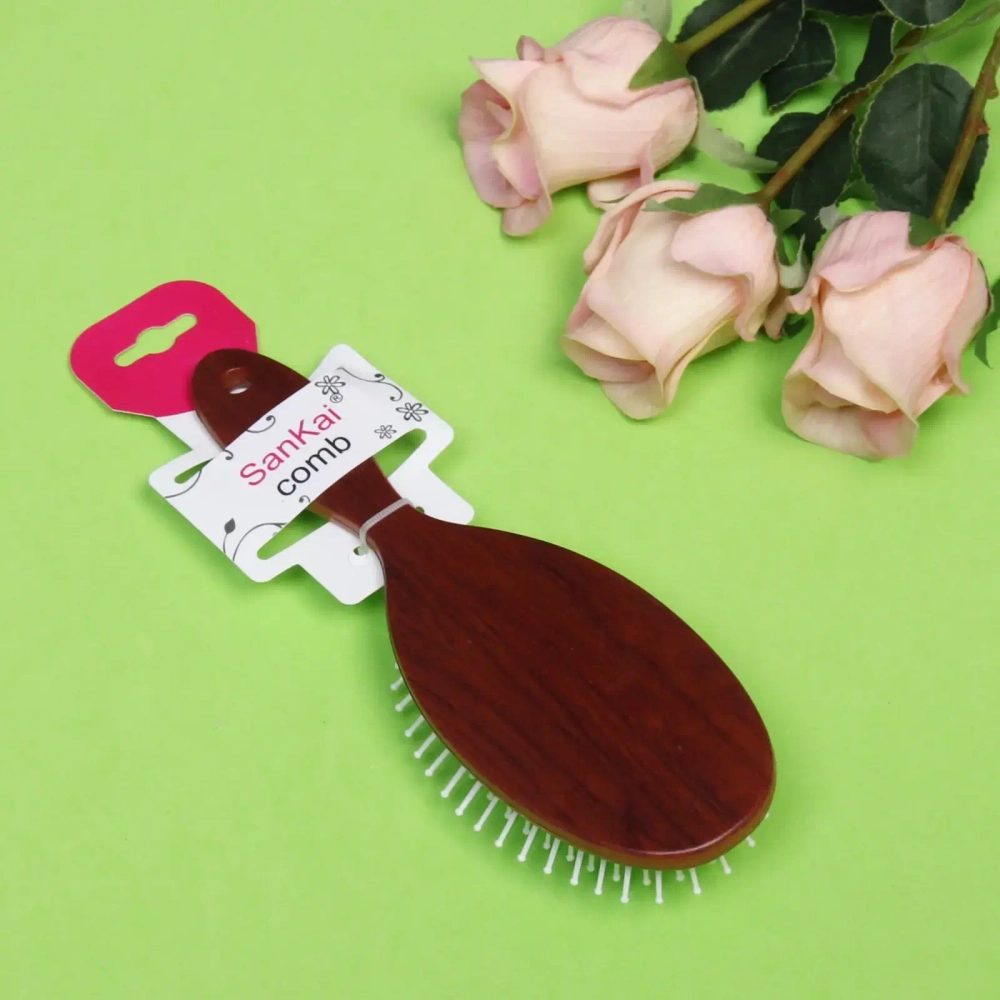 Расческа массажная деревянная «KRASSA - Katie», форма овал, пластиковые зубья, пластиковый подвес, цвет темно-корич, 22*7см