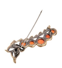 AM-2318 Брошь «Веточка Смородины с птичко» (латунь, янтарь)