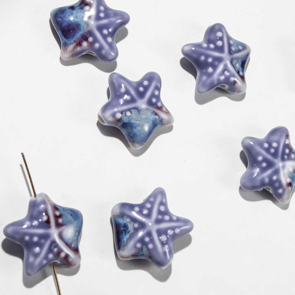 Бусина в форме морской звезды, 22*23,3мм, фиолетовая, глазурированный фарфор
