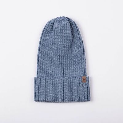 One-ply turn-up beanie hat of blend yarn - Blue Melange