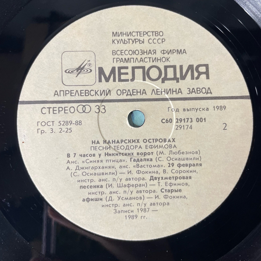 Винтажная виниловая пластинка LP Сборник Теодор Ефимов, На Канарских Островах (СССР 1989) (Веселые Ребята, Синяя Птица, М. Боярский)