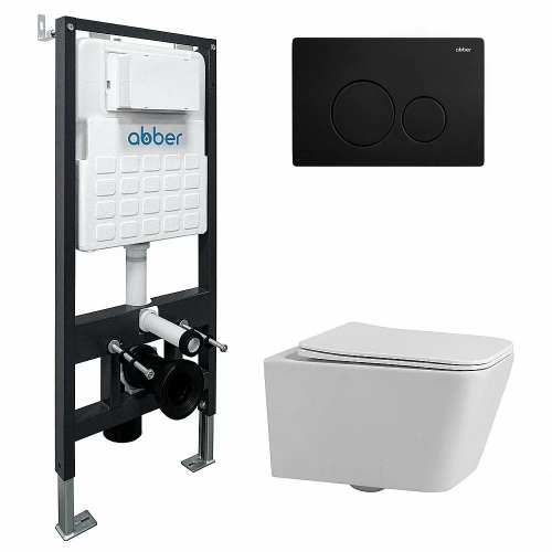Унитаз подвесной ABBER Rechteck AC1201 белый с инсталляцией AC0105 и кнопкой AC0121MB черный, безободковый, с крышкой микролифт