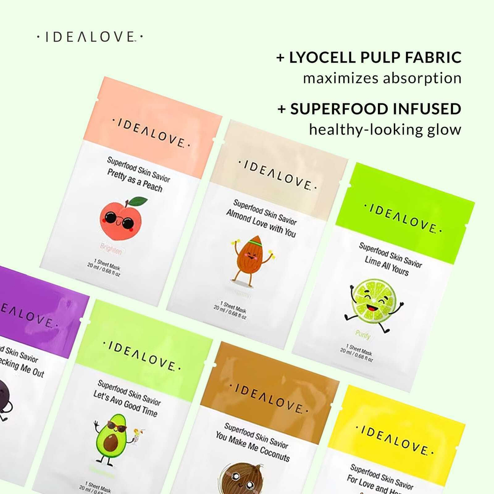 Idealove, Superfood Skin Savior, набор разных масок с суперфудами, 7 тканевых масок по 20 мл (0,68 жидк. унции)