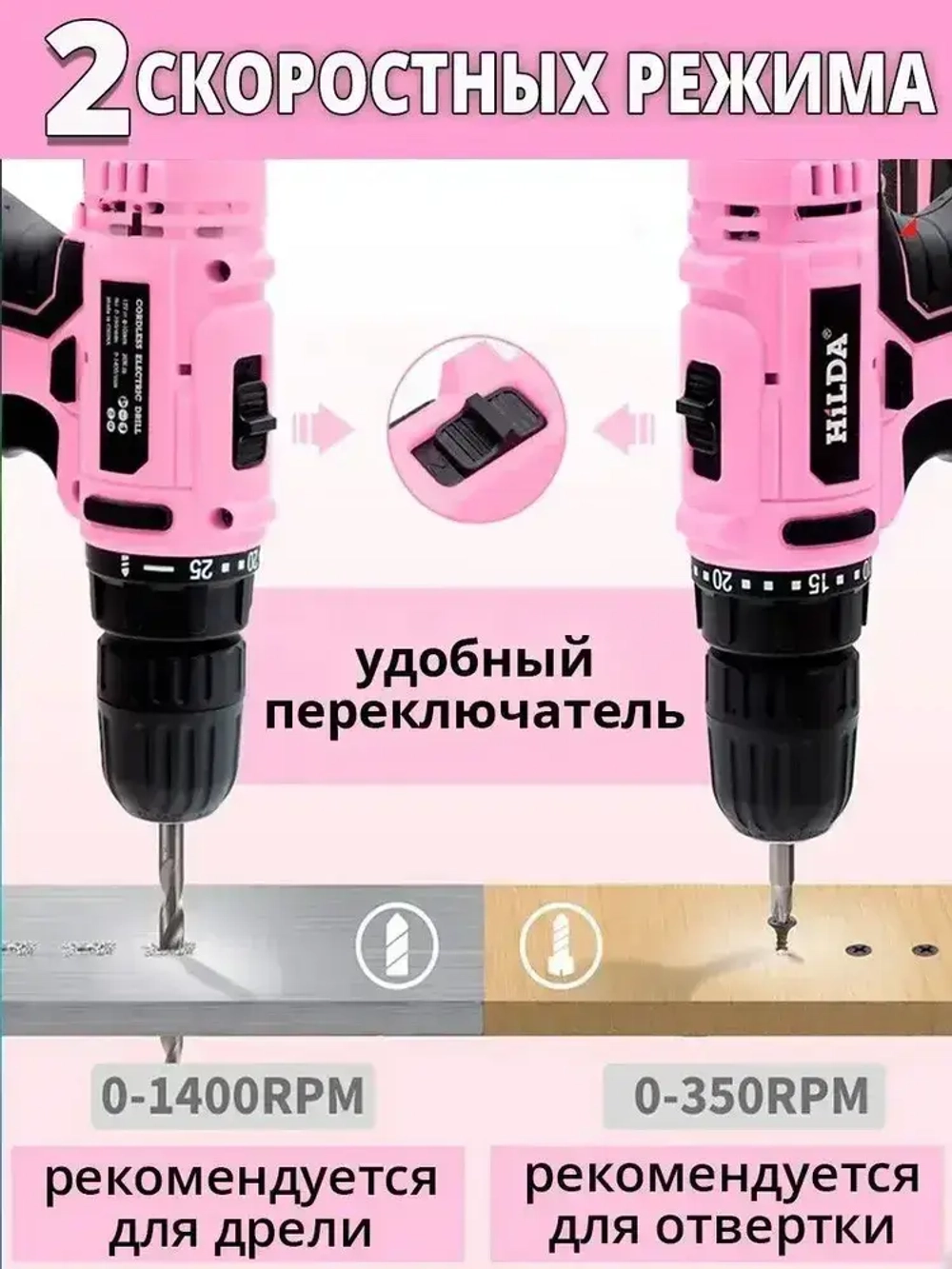 Дрель шуруповерт аккумуляторная дрель ручная, лёгкий вес, 2 скоростями 12 В,2 АКБ Li-ion, 20 Нм, 1400 об/мин, кейс + 20набор оснастки.