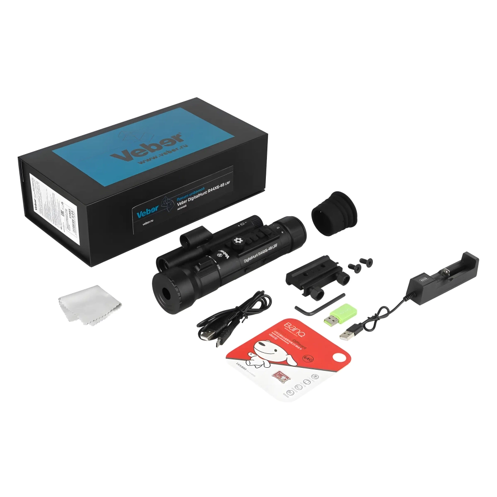 Прицел цифровой Veber DigitalHunt R44X6-48 LRF ночной с лазерным дальномером комплектация, коробка и аксессуары