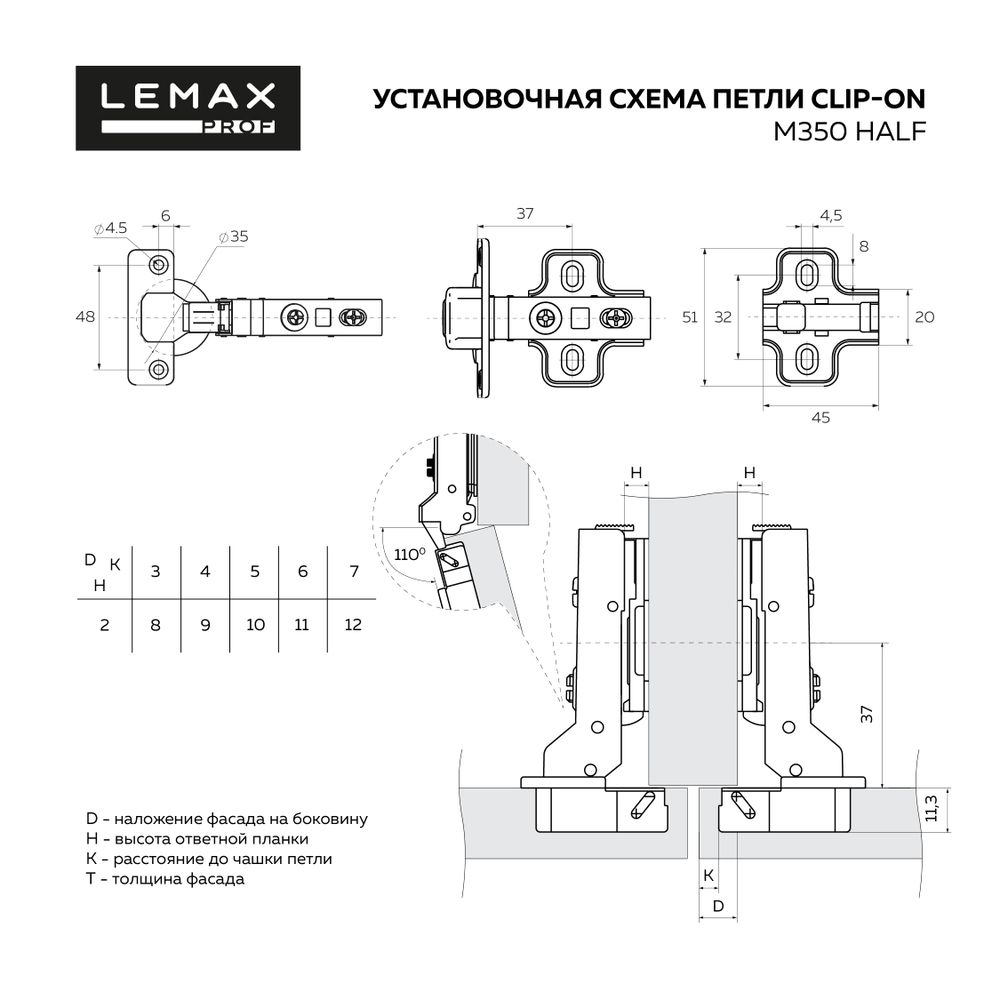 Петля полунакладная  с доводчиком, 110 град, никель clip-on LEMAX — купить в Якутске | Все для мебели