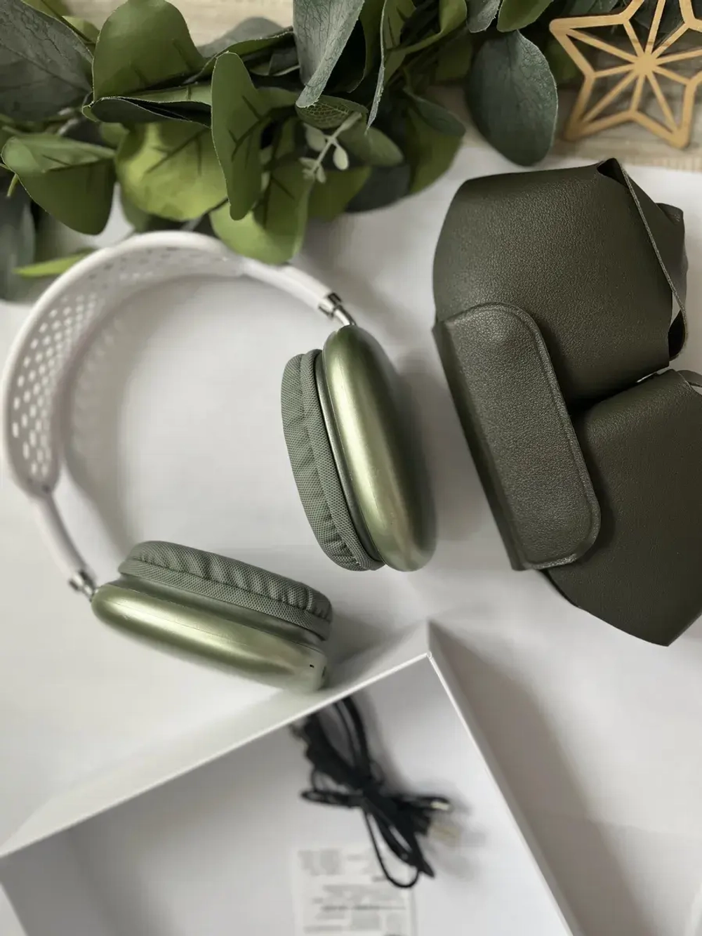 Наушники Pods Max зеленые\белые + кожаный чехол