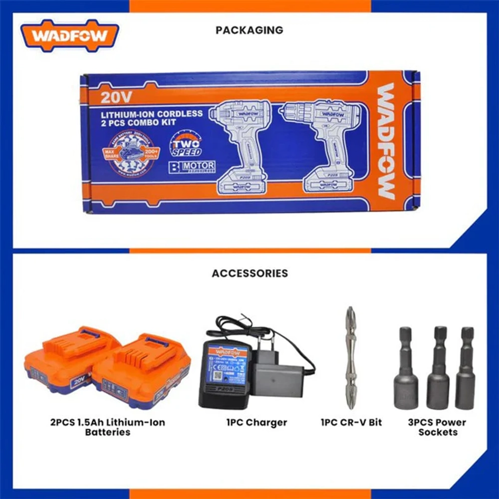 Набор шуруповерт и бесщеточный импульсный шуруповерт WADFOW WCK2016 20 В 2 шт.