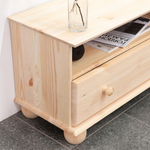 Тумба под телевизор 140 см Бритта с ящиками и полками, из массива сосны в натуральной отделке