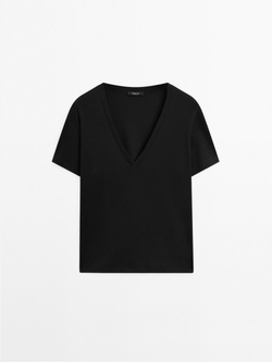 Massimo Dutti Футболка из 100% хлопка с V-образным вырезом, черный