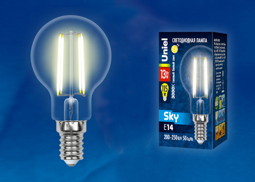 LED-G45-13W/3000K/E14/CL PLS02WH Лампа светодиодная. Форма шар, прозрачная. Серия Sky. Теплый белый свет (3000К). Картон. ТМ Uniel.