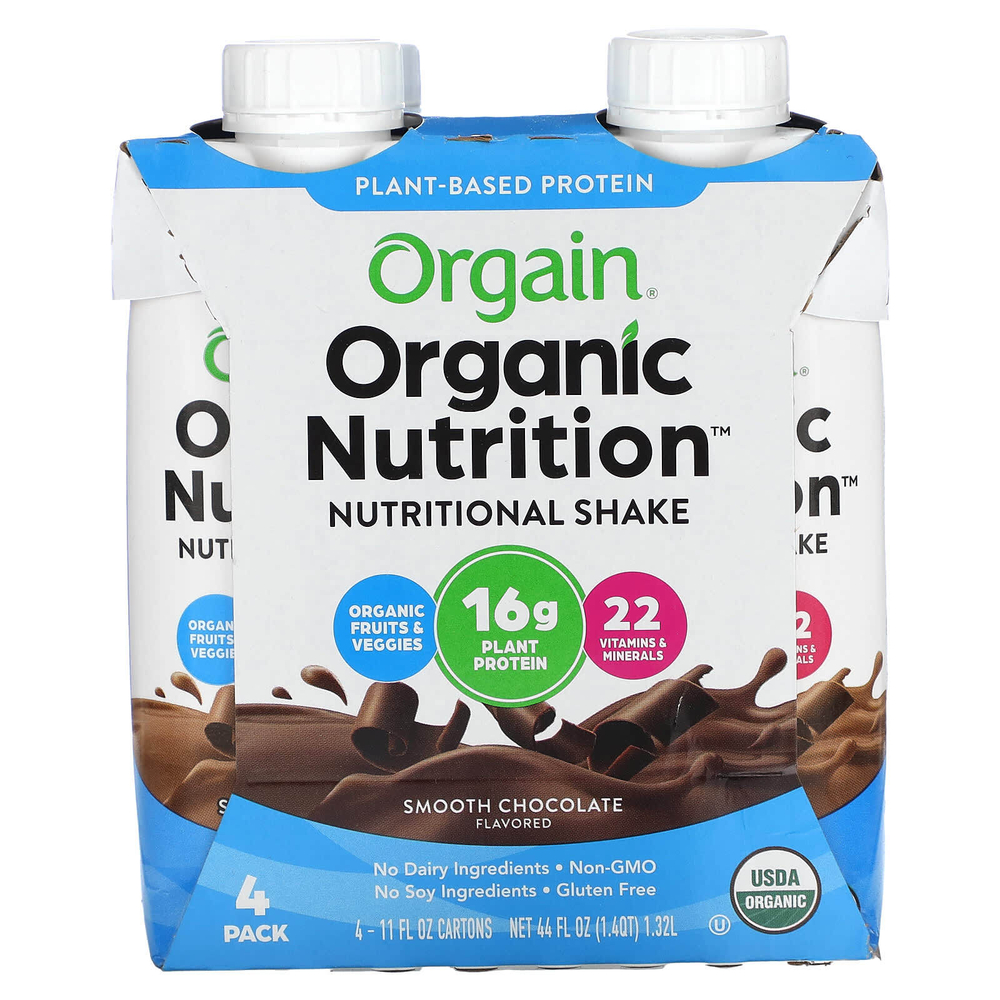 Orgain, Organic Nutrition, питательный коктейль, гладкий шоколад, 4 пакетика по 330 мл (11 жидк. унц.)