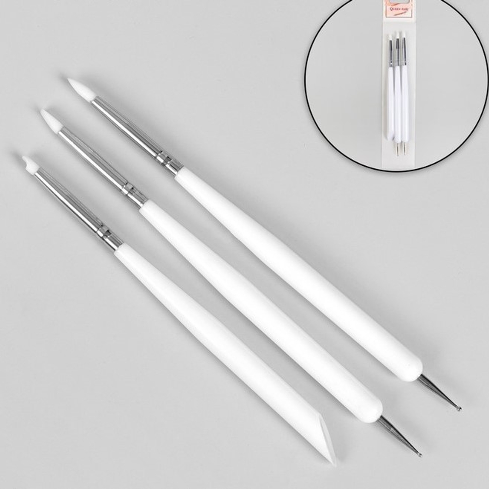 Набор инструментов: силиконовая кисть - дотс 2 шт, силиконовая кисть - пушер, 15 см, цвет белый