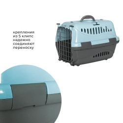 Переноска пластиковая ZOOEXPRESS "Турне" с металлической дверцей - 42х29х29,5 см (S) - голубая