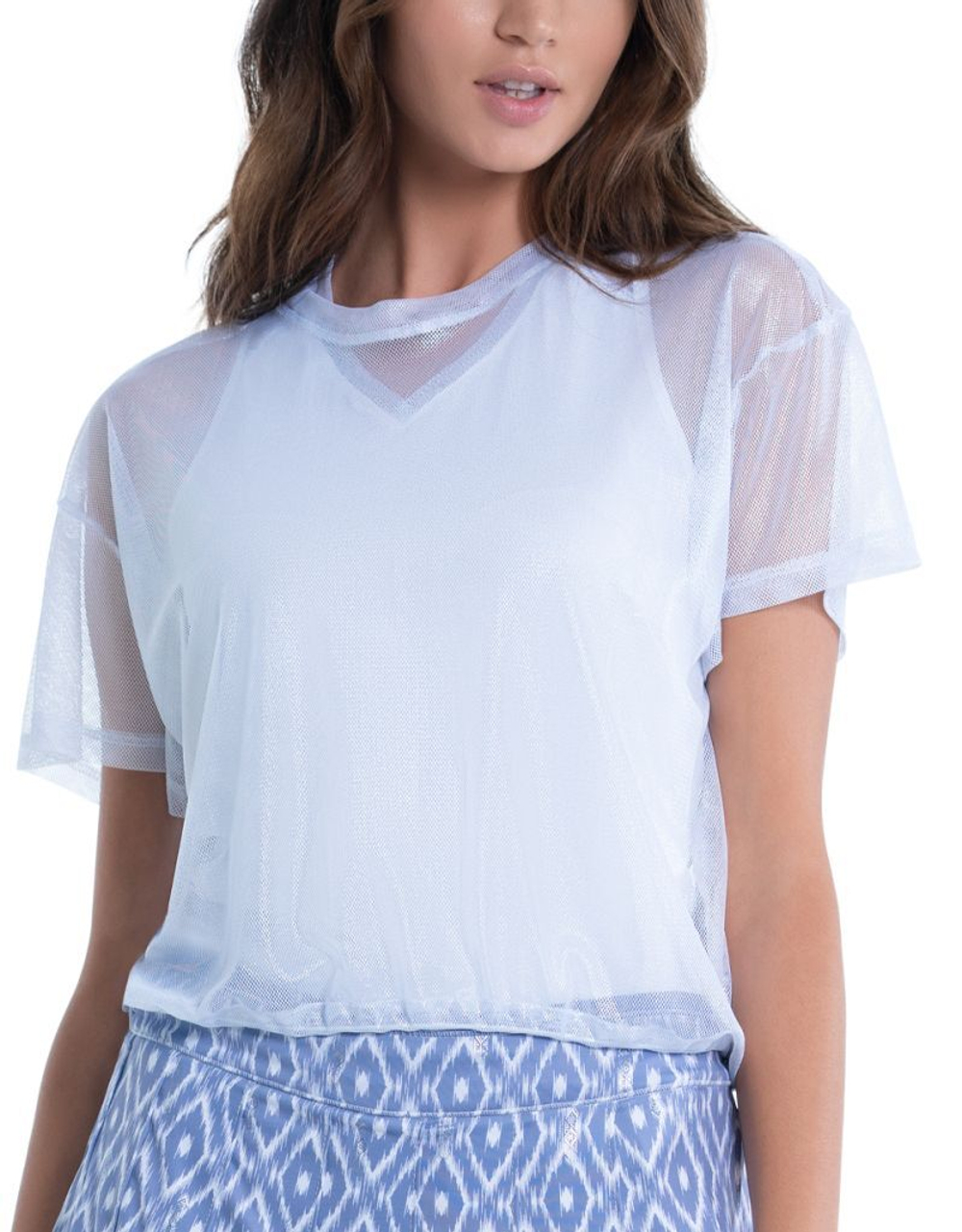Женская теннисная футболка Lucky in Love All About Ikat Pearlized Mesh Short Sleeve Top - Srebrny
