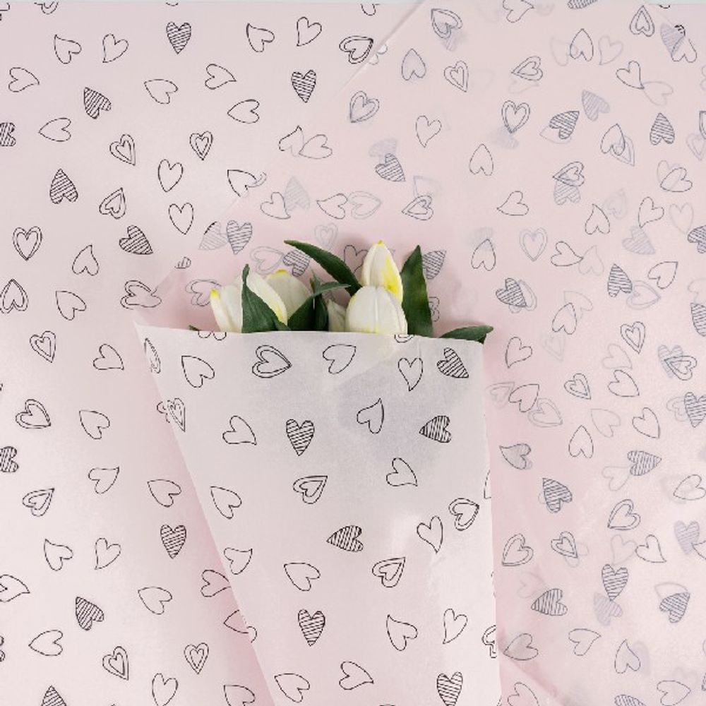 Бумага тишью "Разные сердца" 49*69см Черные на розовом (20л)