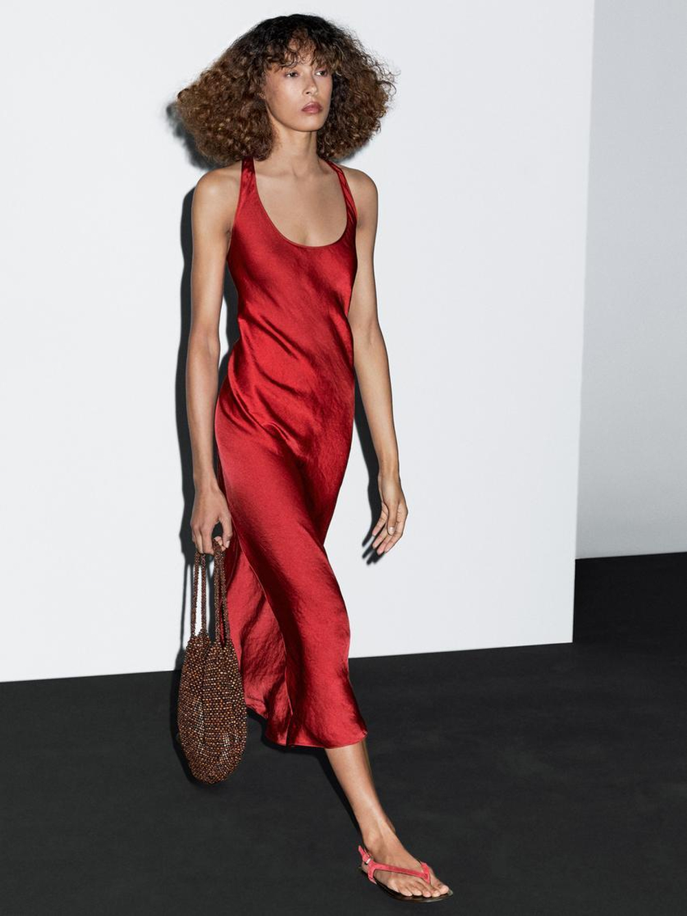 Massimo Dutti Длинное платье из атласа с круглым вырезом, красный