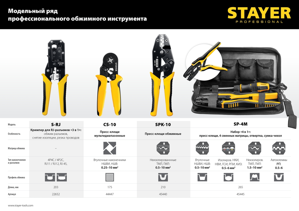 SPK-10 пресс-клещи для медных наконечников и гильз 0.5 - 10 мм.кв, STAYER Professional