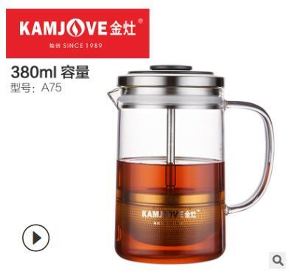 236008 Чайник KAMJOVE "С ситечком" б/носика, съемная крышка, h=14,5см, l=12,5см, 380мл, стекло/пласт