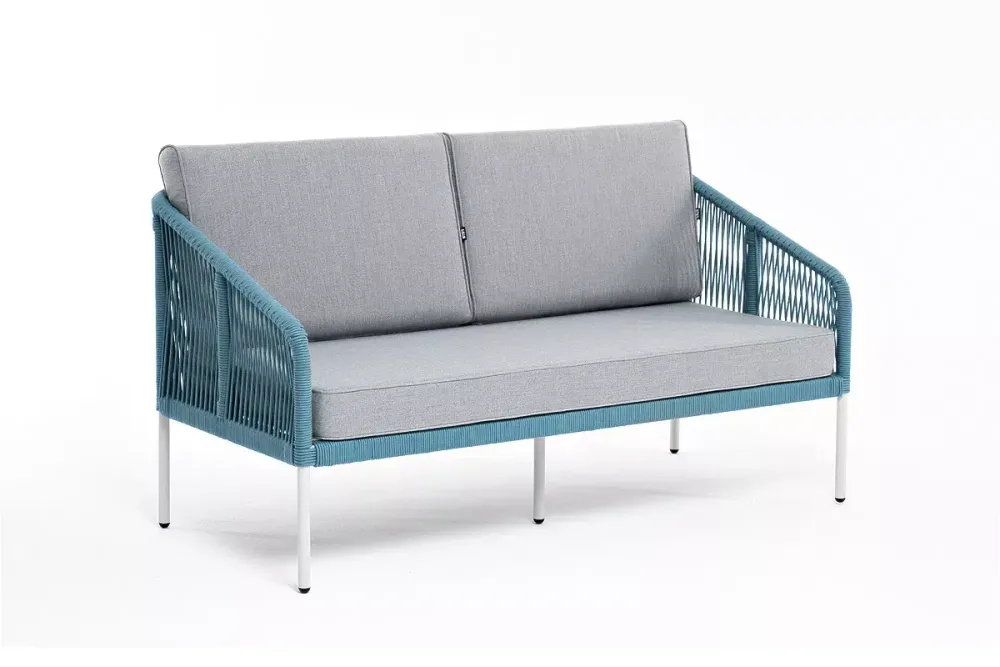 "Канны" диван 2-местный плетеный из роупа, каркас алюминий светло-серый (RAL7035) муар, роуп бирюзовый круглый, ткань светло-серая