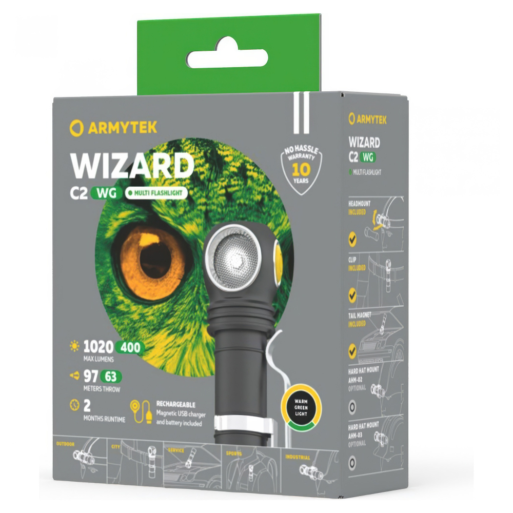 Налобный фонарь Armytek Wizard C2 WG Magnet USB (теплый свет) - несколько вариантов креплений, включая магнитный, клипсу и опциональные аксессуары.