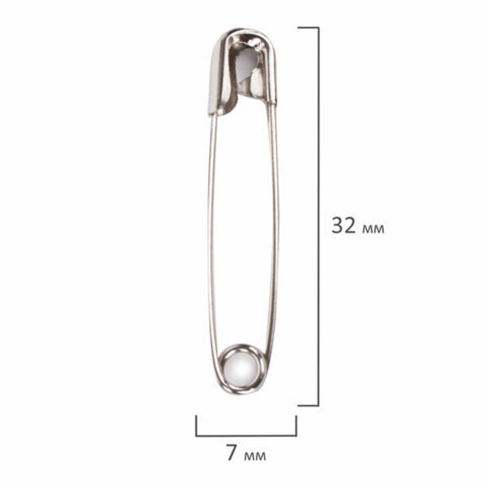 Булавки английские BRAUBERG, 32 мм, никелированные, 50 шт., в пластиковой коробке с европодвесом, 223970