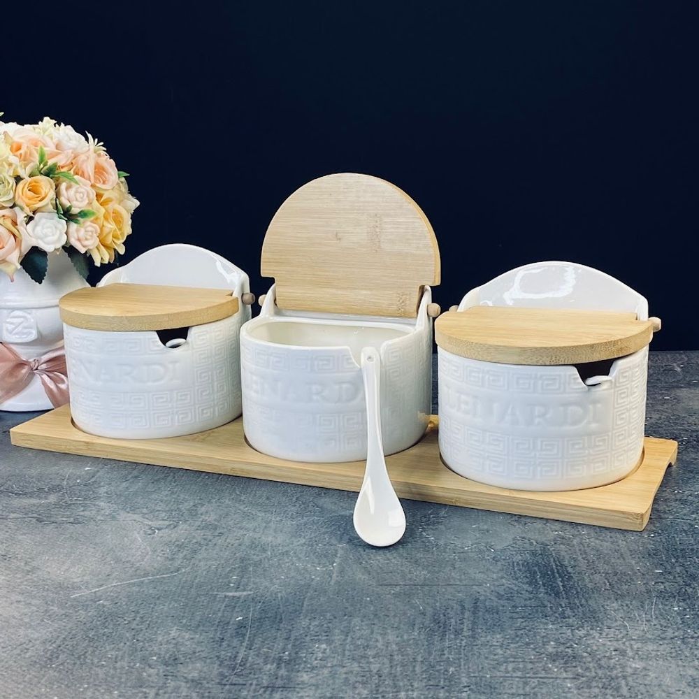 Lenardi 140-148 Набор из 3 банок 420 мл для специй с ложками на подставке BAMBOO в под.уп.(х8)Фарфор