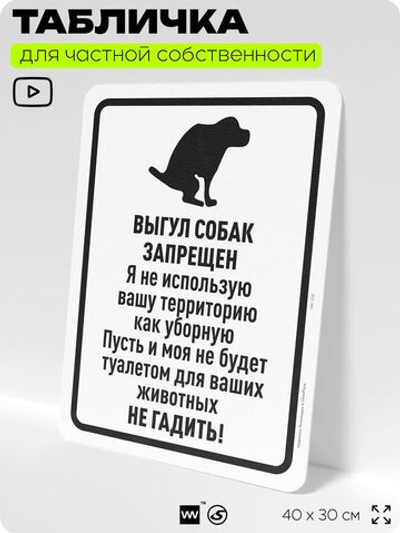 Табличка для частной территории "Выгул собак запрещен", на дом, для участка, организаций и частных территорий, предупреждающая, 40х30 см, Silver Plane x Айдентика Технолоджи