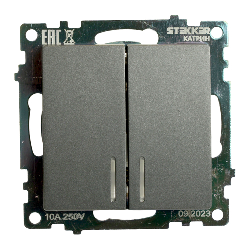 Выключатель 2-клавишный c индикатором (механизм) 250В, 10А, серия Катрин, графит, GLS10-7102-06 49409