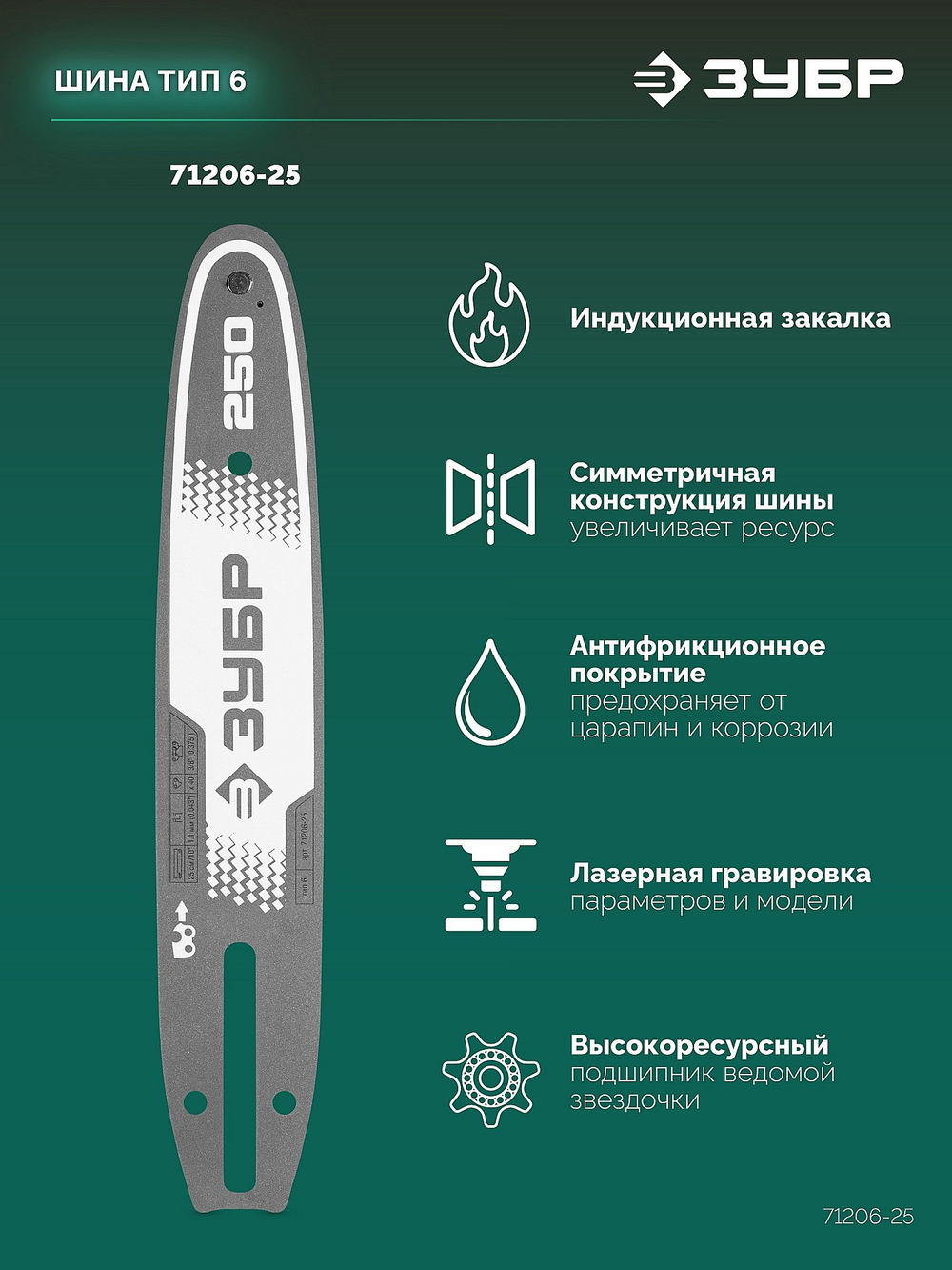 ЗУБР тип 6, 25 см, шаг 3/8″, паз 1.1 мм, 40 звеньев, шина (71206-25)