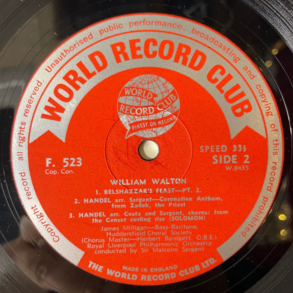 Винтажная виниловая пластинка LP Walton, Sir Malcolm Sargent / James Milligan / The Royal Liverpool Philharmonic Orchestra Belshazzar's Feast (Англия 1966)