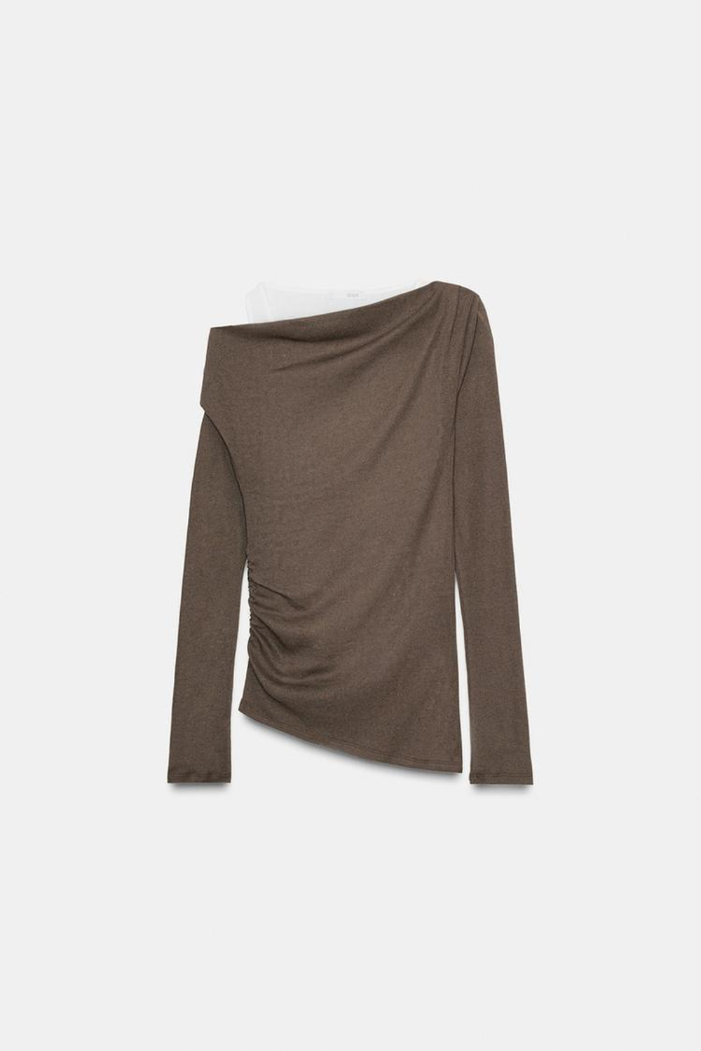 ZARA АСИММЕТРИЧНАЯ ФУТБОЛКА С ЭФФЕКТОМ ДВОЙНОЙ ТКАНИ, СЕРОВАТО-КОРИЧНЕВЫЙ