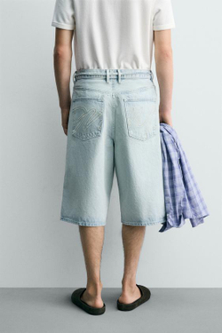 ZARA ДЖИНСОВЫЕ ШОРТЫ BAGGY С ВЫШИВКОЙ, ГОЛУБОЙ
