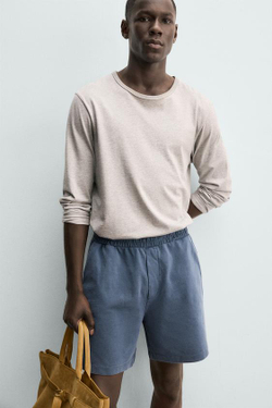 ZARA ШОРТЫ ИЗ ХЛОПКОВОГО ПИКЕ REGULAR FIT С ЭФФЕКТОМ ПОТЕРТОСТИ, СИНИЙ