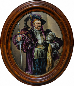 Кабальеро. Пано керамическое в деревянной раме.Испания. XX века. Роспись по керамике. 27х33